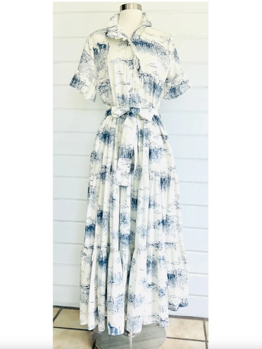MILLE Victoria Ruffle Front Dress in Cream/Blue  Western Landscape Print - S - Picture 2 of 14